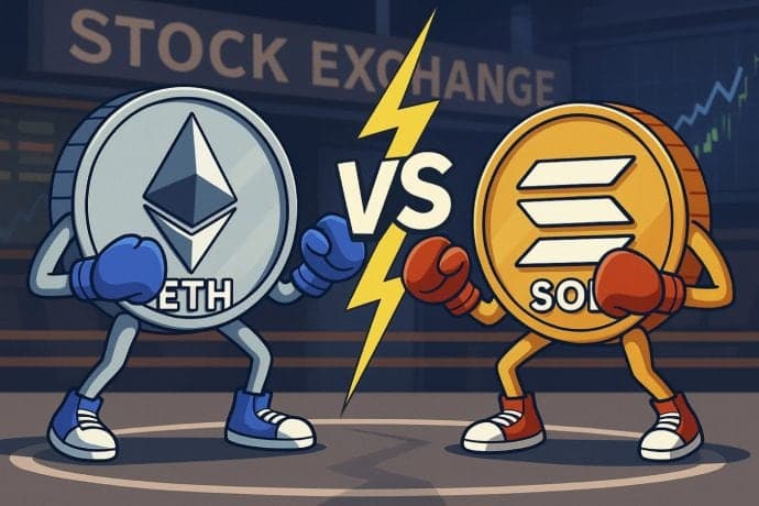 Illustration von Ethereum- und Solana-Münzen als Cartoon-Kämpfer, die in einem Boxring gegeneinander antreten, mit VS und einem Blitz zwischen ihnen. Das Börsenzeichen erscheint im Hintergrund und unterstreicht die Rivalität zwischen Ethereum und Solana.