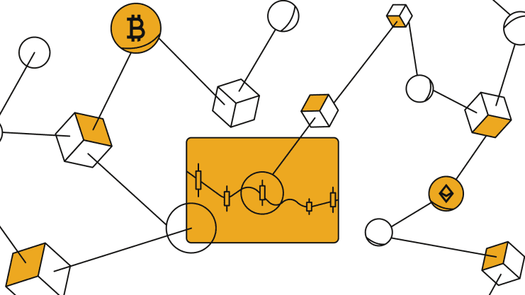 Abstrakte Illustration der Blockchain-Technologie mit verbundenen Blöcken, Kryptowährungssymbolen und einem Diagramm, das digitale Währungstransaktionen, Datenfluss und die dynamische Welt der Perpetual Futures darstellt.