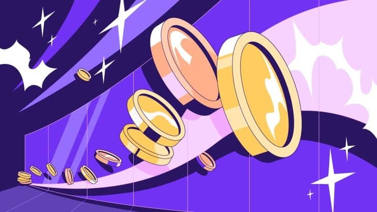 Illustration von Goldmünzen mit weißen Rändern, die in einer gekrümmten Bahn vor einem lila Hintergrund mit weißen Sternen, abstrakten Formen und einem subtilen Krakenmotiv fliegen.